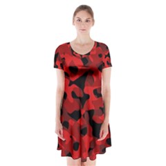 Red And Black Camouflage Pattern Short Sleeve V-neck Flare Dress by SpinnyChairDesigns