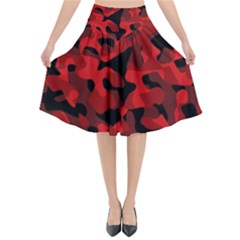 Red And Black Camouflage Pattern Flared Midi Skirt by SpinnyChairDesigns