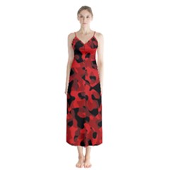 Red And Black Camouflage Pattern Button Up Chiffon Maxi Dress by SpinnyChairDesigns