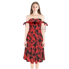 Red And Black Camouflage Pattern Shoulder Tie Bardot Midi Dress