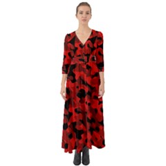 Red And Black Camouflage Pattern Button Up Boho Maxi Dress by SpinnyChairDesigns