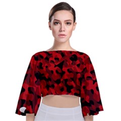 Red And Black Camouflage Pattern Tie Back Butterfly Sleeve Chiffon Top by SpinnyChairDesigns