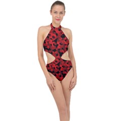 Red And Black Camouflage Pattern Halter Side Cut Swimsuit by SpinnyChairDesigns