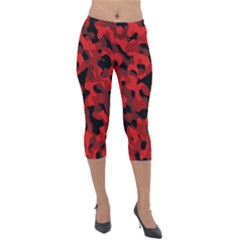 Red And Black Camouflage Pattern Lightweight Velour Capri Leggings  by SpinnyChairDesigns