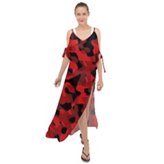 Red And Black Camouflage Pattern Maxi Chiffon Cover Up Dress by SpinnyChairDesigns