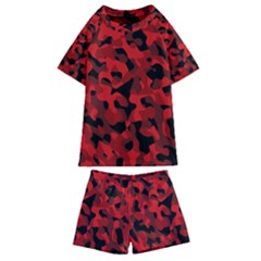 Red And Black Camouflage Pattern Kids  Swim Tee And Shorts Set by SpinnyChairDesigns