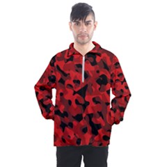 Red And Black Camouflage Pattern Men s Half Zip Pullover by SpinnyChairDesigns