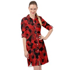 Red And Black Camouflage Pattern Long Sleeve Mini Shirt Dress by SpinnyChairDesigns