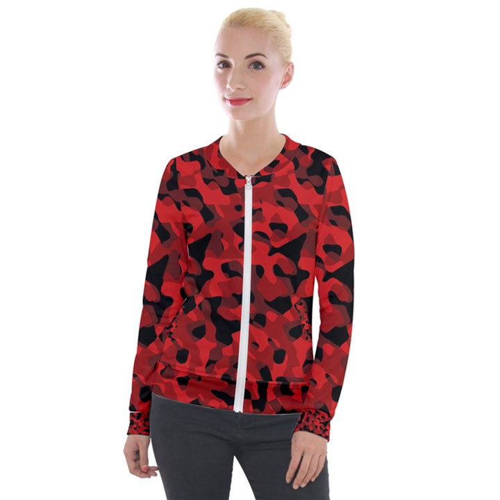 Red and Black Camouflage Pattern Velour Zip Up Jacket