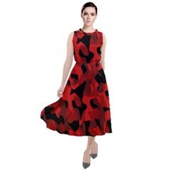 Red And Black Camouflage Pattern Round Neck Boho Dress by SpinnyChairDesigns