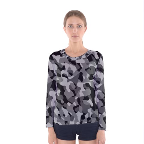 Grey And Black Camouflage Pattern Women s Long Sleeve Tee by SpinnyChairDesigns