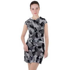 Grey And Black Camouflage Pattern Drawstring Hooded Dress by SpinnyChairDesigns