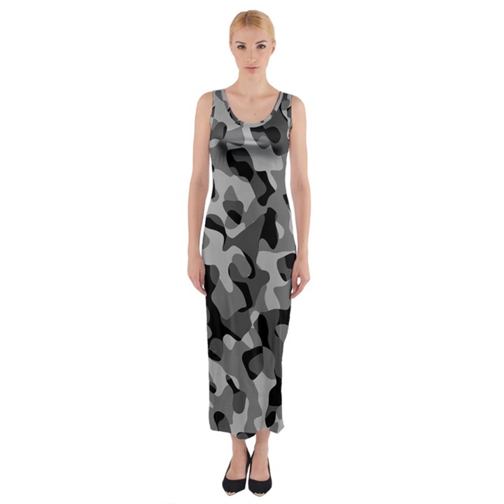 Grey and Black Camouflage Pattern Fitted Maxi Dress