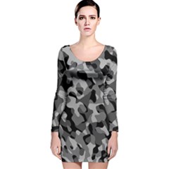 Grey And Black Camouflage Pattern Long Sleeve Velvet Bodycon Dress by SpinnyChairDesigns