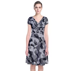 Grey And Black Camouflage Pattern Short Sleeve Front Wrap Dress by SpinnyChairDesigns