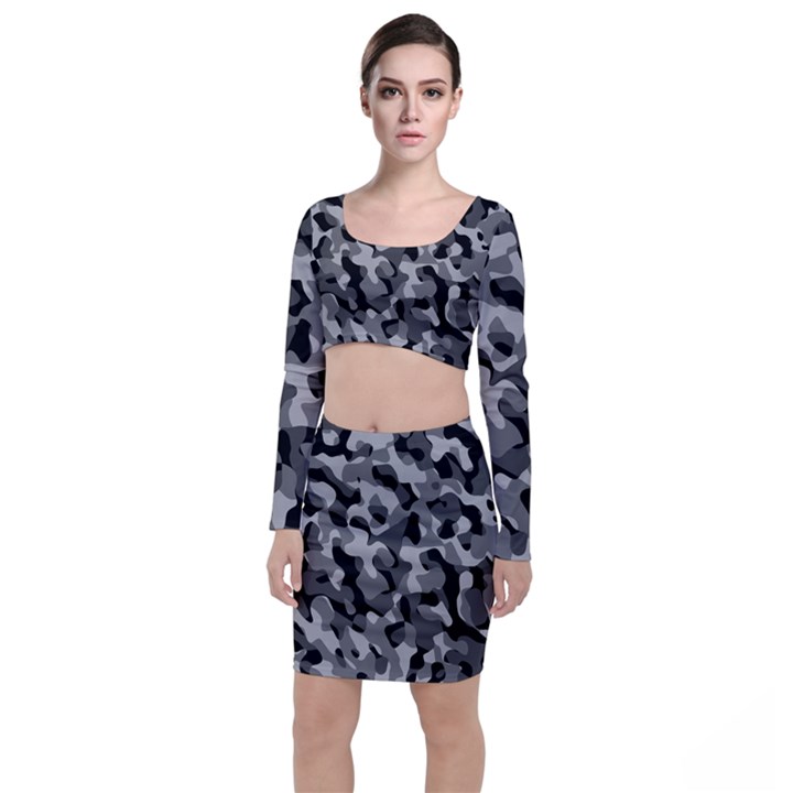 Grey and Black Camouflage Pattern Top and Skirt Sets