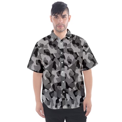 Grey And Black Camouflage Pattern Men s Short Sleeve Shirt by SpinnyChairDesigns