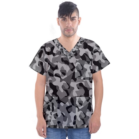 Grey And Black Camouflage Pattern Men s V-neck Scrub Top by SpinnyChairDesigns