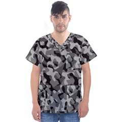 Grey And Black Camouflage Pattern Men s V-neck Scrub Top