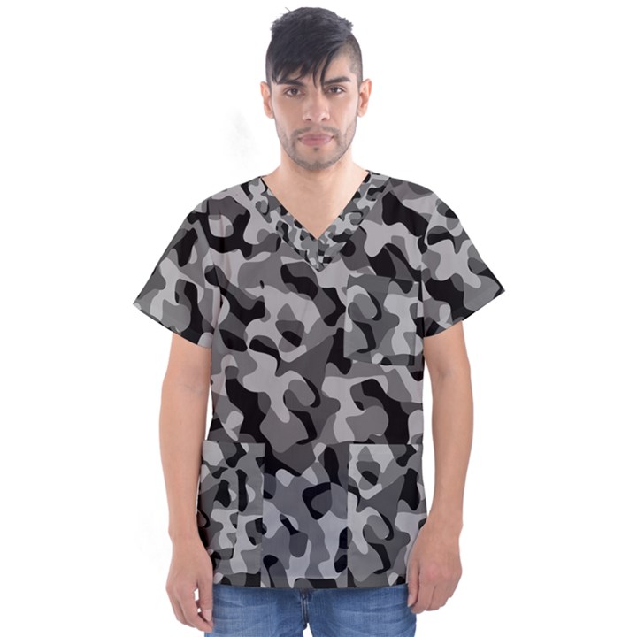 Grey and Black Camouflage Pattern Men s V-Neck Scrub Top