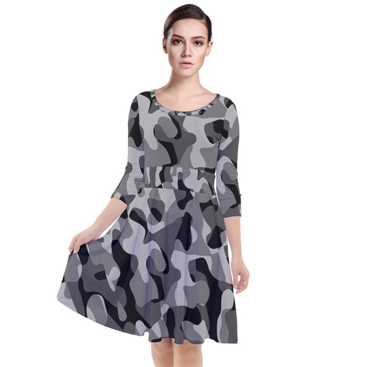 Grey and Black Camouflage Pattern Quarter Sleeve Waist Band Dress