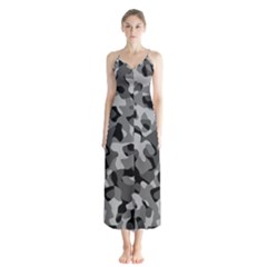 Grey And Black Camouflage Pattern Button Up Chiffon Maxi Dress by SpinnyChairDesigns