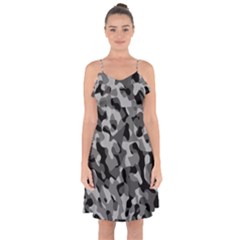 Grey And Black Camouflage Pattern Ruffle Detail Chiffon Dress by SpinnyChairDesigns