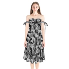 Grey And Black Camouflage Pattern Shoulder Tie Bardot Midi Dress