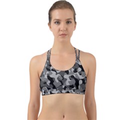 Grey And Black Camouflage Pattern Back Web Sports Bra by SpinnyChairDesigns