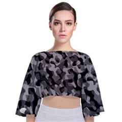 Grey And Black Camouflage Pattern Tie Back Butterfly Sleeve Chiffon Top by SpinnyChairDesigns