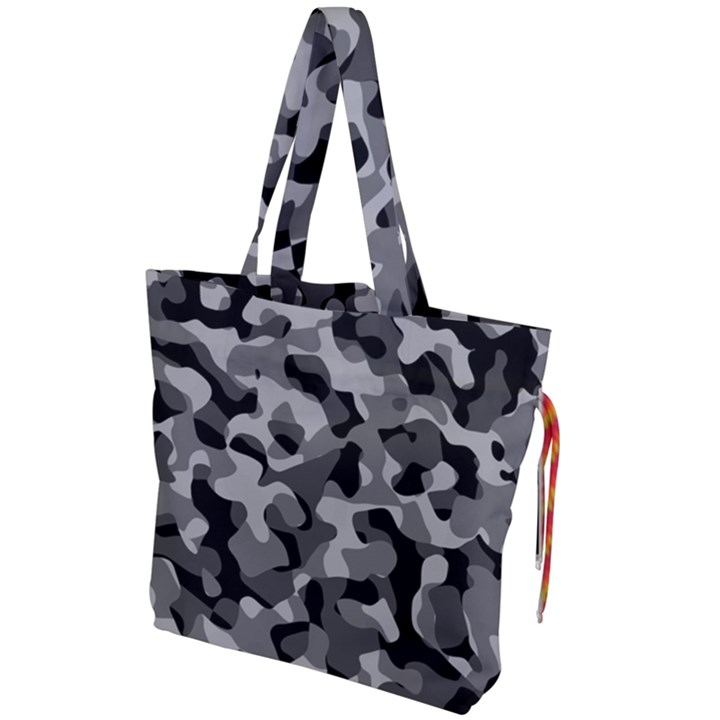 Grey and Black Camouflage Pattern Drawstring Tote Bag