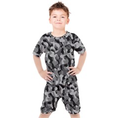 Grey And Black Camouflage Pattern Kids  Tee And Shorts Set by SpinnyChairDesigns