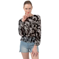 Grey And Black Camouflage Pattern Banded Bottom Chiffon Top by SpinnyChairDesigns