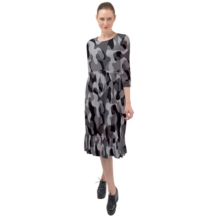 Grey and Black Camouflage Pattern Ruffle End Midi Chiffon Dress