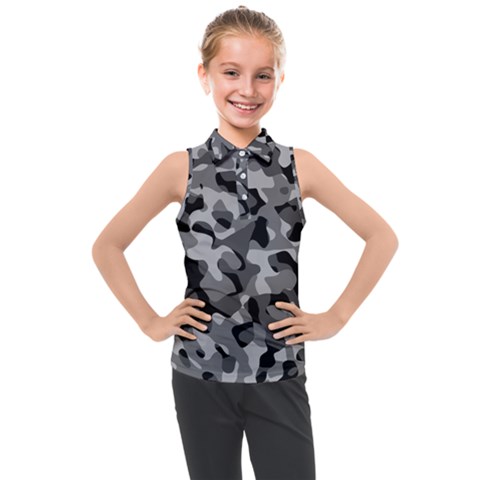 Grey And Black Camouflage Pattern Kids  Sleeveless Polo Tee by SpinnyChairDesigns