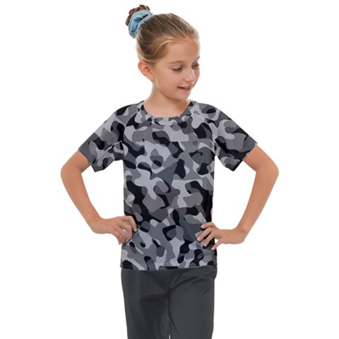 Grey And Black Camouflage Pattern Kids  Mesh Piece Tee by SpinnyChairDesigns