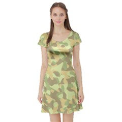 Light Green Brown Yellow Camouflage Pattern Short Sleeve Skater Dress by SpinnyChairDesigns