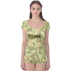 Light Green Brown Yellow Camouflage Pattern Boyleg Leotard  by SpinnyChairDesigns