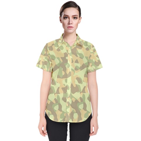 Light Green Brown Yellow Camouflage Pattern Women s Short Sleeve Shirt by SpinnyChairDesigns