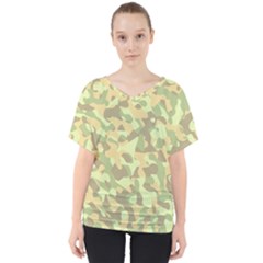 Light Green Brown Yellow Camouflage Pattern V-neck Dolman Drape Top by SpinnyChairDesigns