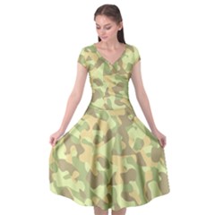 Light Green Brown Yellow Camouflage Pattern Cap Sleeve Wrap Front Dress by SpinnyChairDesigns