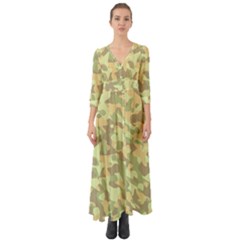 Light Green Brown Yellow Camouflage Pattern Button Up Boho Maxi Dress by SpinnyChairDesigns