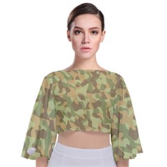 Light Green Brown Yellow Camouflage Pattern Tie Back Butterfly Sleeve Chiffon Top by SpinnyChairDesigns