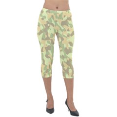 Light Green Brown Yellow Camouflage Pattern Lightweight Velour Capri Leggings  by SpinnyChairDesigns