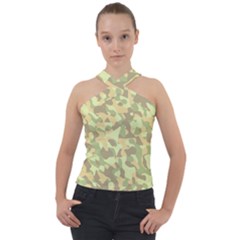 Light Green Brown Yellow Camouflage Pattern Cross Neck Velour Top by SpinnyChairDesigns