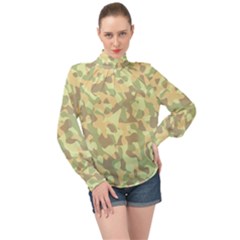 Light Green Brown Yellow Camouflage Pattern High Neck Long Sleeve Chiffon Top by SpinnyChairDesigns