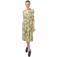 Light Green Brown Yellow Camouflage Pattern Ruffle End Midi Chiffon Dress by SpinnyChairDesigns