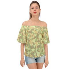 Light Green Brown Yellow Camouflage Pattern Off Shoulder Short Sleeve Top by SpinnyChairDesigns