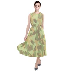 Light Green Brown Yellow Camouflage Pattern Round Neck Boho Dress by SpinnyChairDesigns