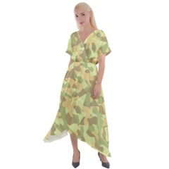 Light Green Brown Yellow Camouflage Pattern Cross Front Sharkbite Hem Maxi Dress by SpinnyChairDesigns